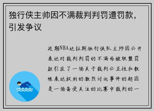 独行侠主帅因不满裁判判罚遭罚款，引发争议